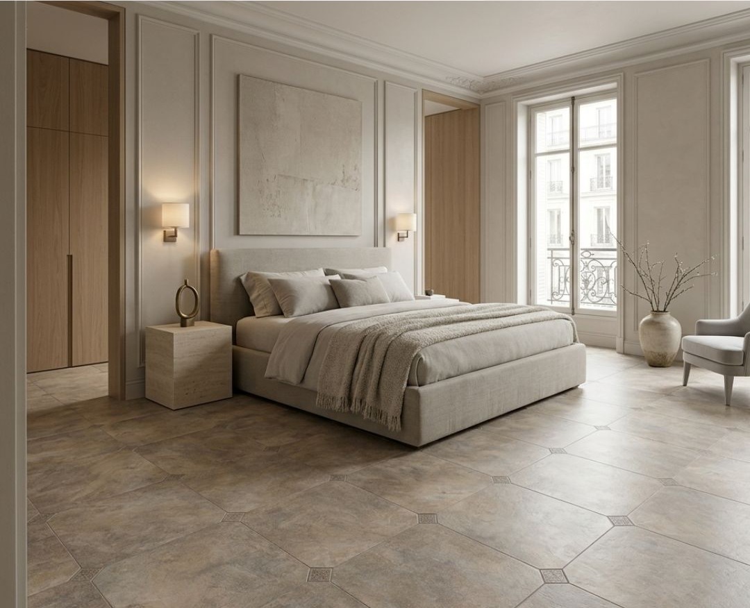 Renoir Terra RMB 45x45 + Taco Marfil 8x8 · Dormitorio — interior español con pavimento cerámico