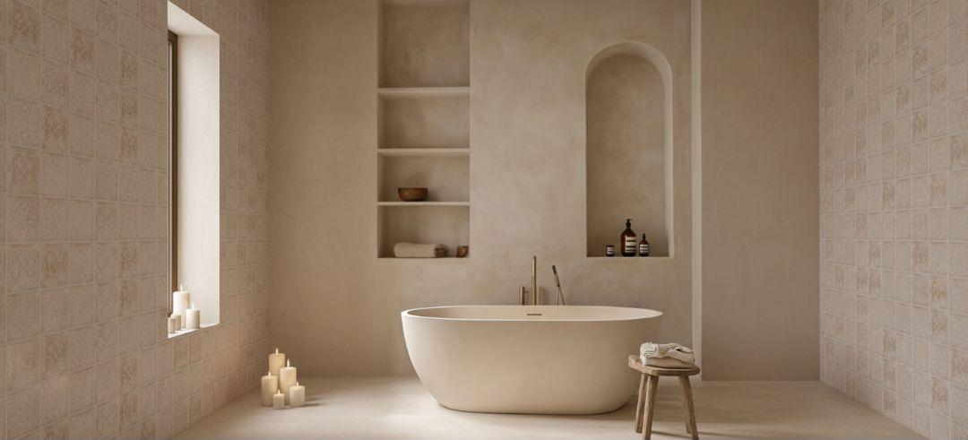 Cenefa 170 Beige 10×33 · Precorte 33×33 — ambiente baño de villa española