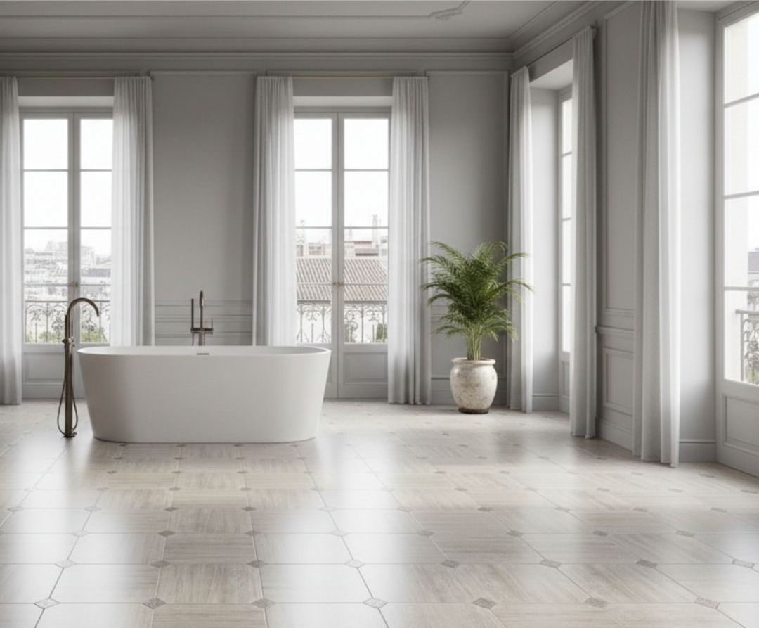 Fuji Moka RMB 45x45 + Taco Marfil 8x8 · Baño — interior español con pavimento cerámico
