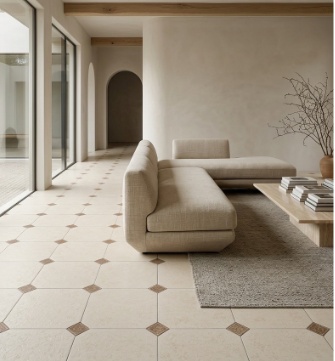 Interior mediterráneo cálido con pavimento cerámico de carácter · 1