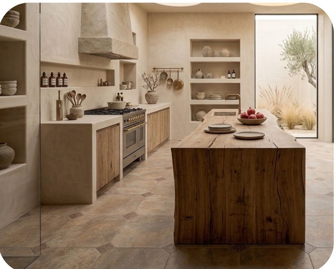 Renoir Terra RMB 45x45 + Taco Bronce 8x8 · Cocina — interior español con pavimento cerámico