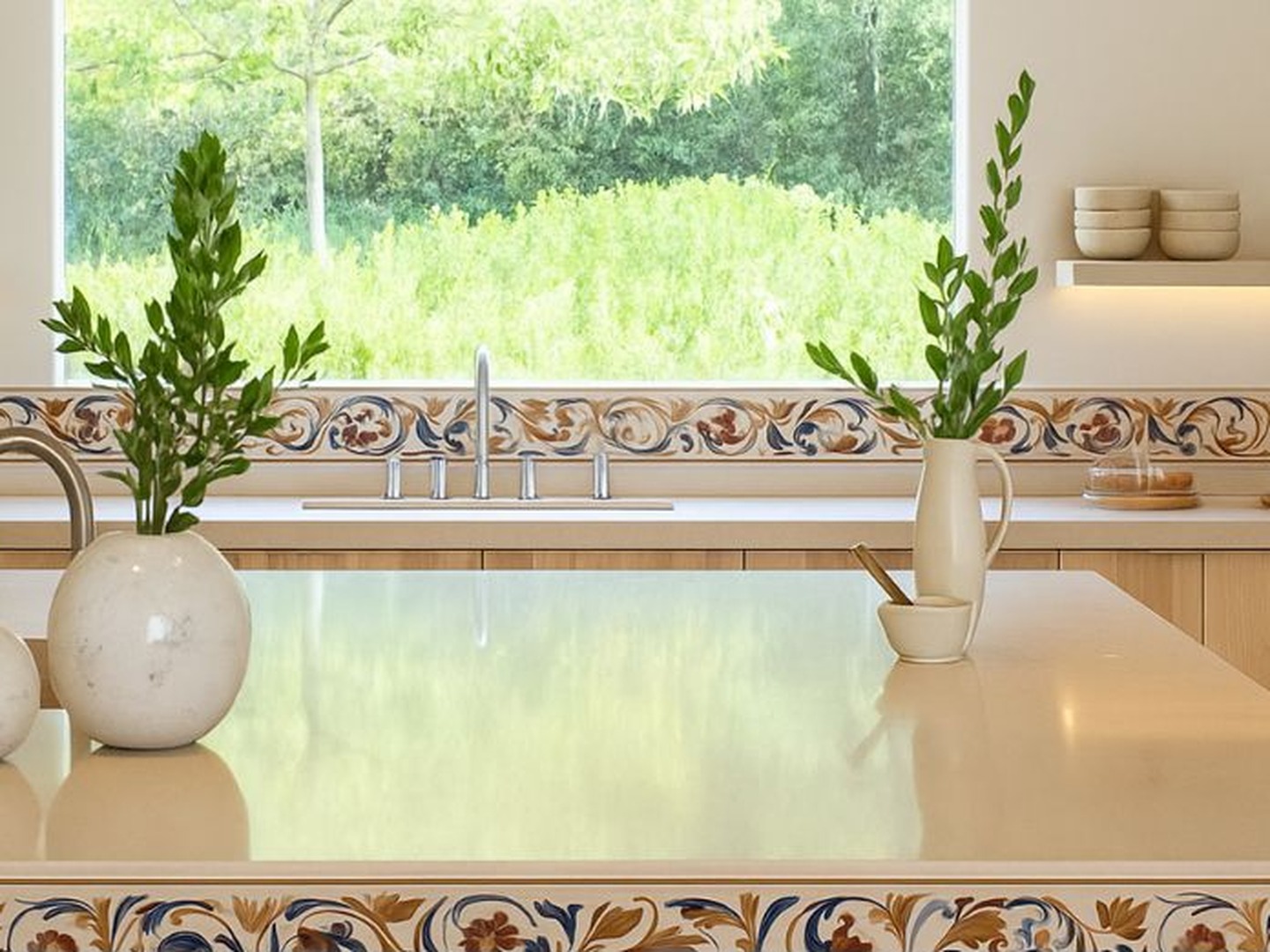 Cenefa 170 Beige 10×33, precorte 33×33 — ambiente cocina de villa española
