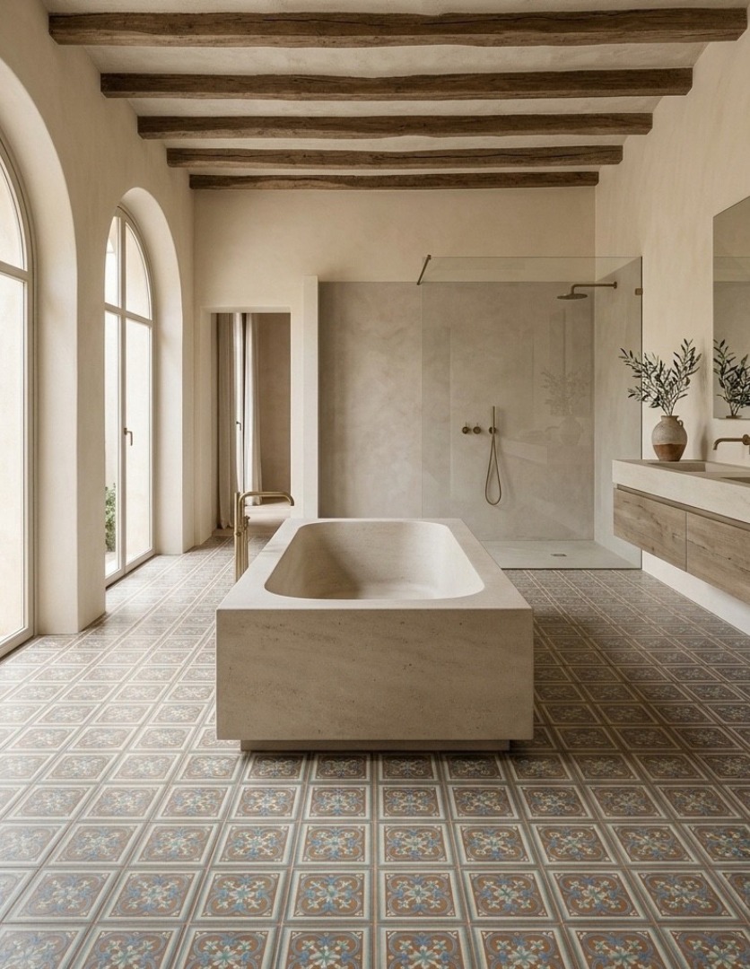 Cenefa Caldera 16×33 · Precorte 33×33 — ambiente baño de villa española
