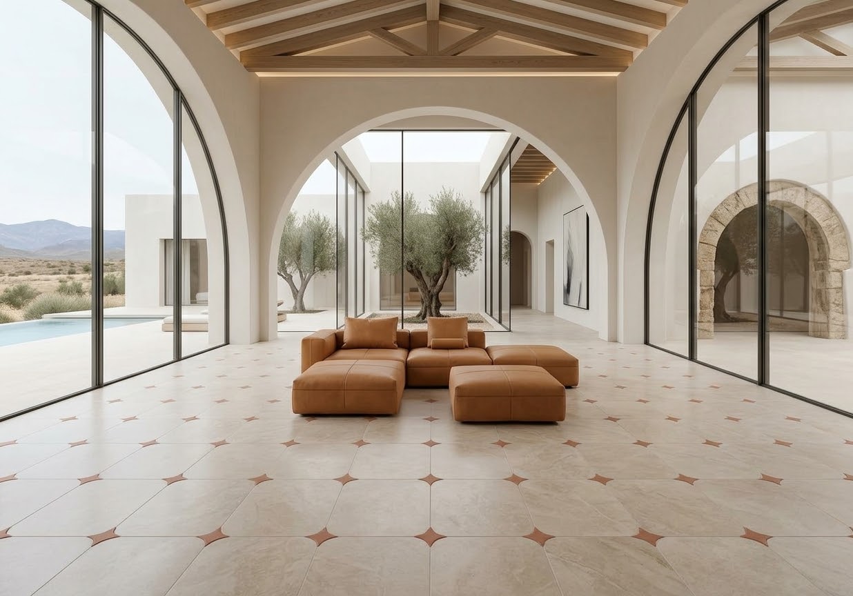 Interior mediterráneo cálido con pavimento cerámico de carácter