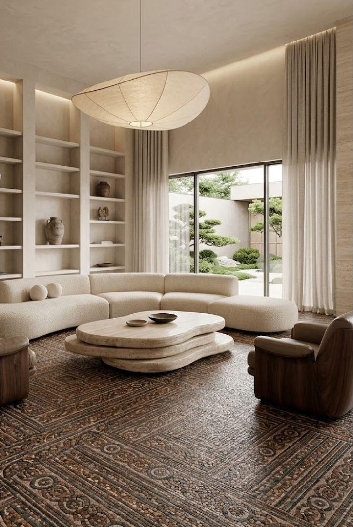 Cenefa 180 15×45 precorte 45×45 + Taco 180 10×10 precorte 33×33 · precorte — ambiente salón de villa española