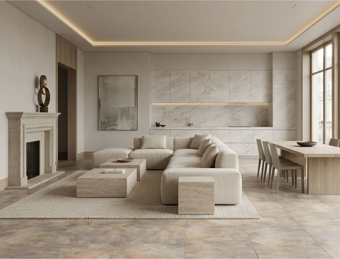 Renoir Terra RMB 45x45 + Taco Marfil 8x8 · Salón — interior español con pavimento cerámico