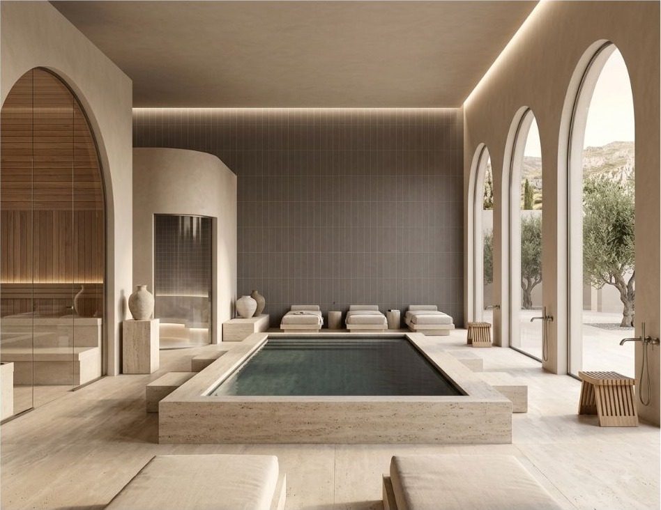 Nuances Neto — Brillo · Piscina interior — interior español con cerámica de 20×20
