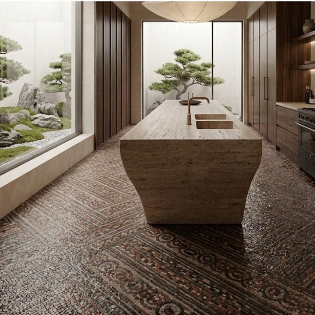 Cenefa 180 15×45 precorte 45×45 + Taco 180 10×10 precorte 33×33 · precorte — ambiente cocina de villa española